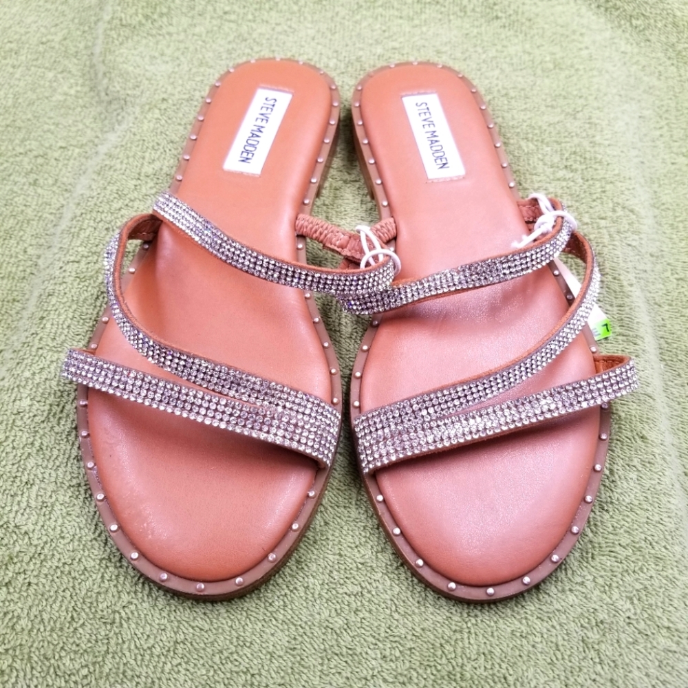 Steve Madden New Womens Tan Sandals Three Straps with Rhinestones Loomi Size 7